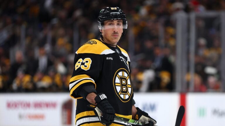 BOSTON, MASSACHUSETTS - DECEMBER 21: Brad Marchand #63 of the Boston Bruins looks on during the first period against the Buffalo Sabres at TD Garden on December 21, 2024 in Boston, Massachusetts.