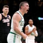 Payton Pritchard of the Celtics celebrates after scoring against the Portland Trail Blazers during the second quarter.