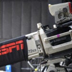 A television camera is viewed during an ESPN broadcast.