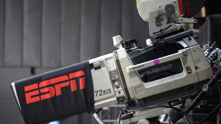 A television camera is viewed during an ESPN broadcast.
