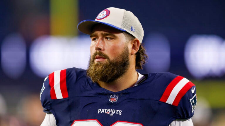 New England Patriots center David Andrews (60) reacts after an NFL football game against the Philadelphia Eagles on Thursday, Aug. 15, 2024, in Foxborough, Mass.