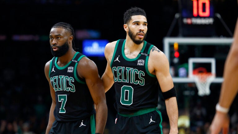 The striker of Boston Celtics, Jayson Tatum (0), goes off the field in the third quarter of the NBA finals with Boston Celtics Guard Jaylen Brown (7). The Boston Celtics organized the Dallas Mavericks in the TD Garden on Sunday, June 9, 2024.