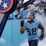 Tennessee Titans outside linebacker Harold Landry III (58) is introduced prior to an NFL football game against the Jacksonville Jaguars, Sunday, Dec. 8, 2024, in Nashville, Tenn.