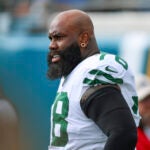 New York Jets offensive tackle Morgan Moses (78) warms up before an NFL football game against the Jacksonville Jaguars, Sunday, Dec. 15, 2024, in Jacksonville, Fla. The Jets defeated the Jaguars 32-25.