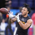 North Carolina running back Omarion Hampton runs the 40-yard dash at the NFL football scouting combine in Indianapolis, Saturday, March 1, 2025.