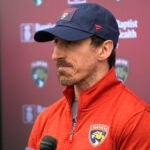 Florida Panthers forward Brad Marchand, who was acquired in a trade by the Panthers from the Boston Bruins last Friday, speaks during a news conference Monday, March 10, 2025, in Fort Lauderdale, Fla.