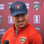 Florida Panthers forward Brad Marchand, who was acquired in a trade by the Panthers from the Boston Bruins last Friday, speaks during a news conference Monday, March 10, 2025, in Fort Lauderdale, Fla.