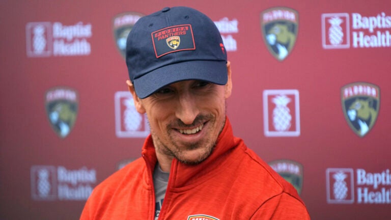 Florida Panthers forward Brad Marchand, who was acquired in a trade by the Panthers from the Boston Bruins last Friday, speaks during a news conference Monday, March 10, 2025, in Fort Lauderdale, Fla.