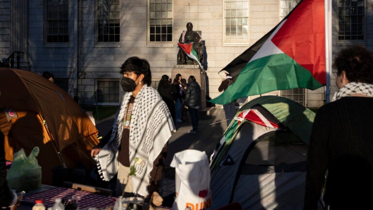 FILE - A student protester stands in front of the statue of John Harvard, the first major benefactor of Harvard College, draped in the Palestinian flag, at an encampment of students protesting against the war in Gaza, at Harvard University in Cambridge, Mass., April 25, 2024.