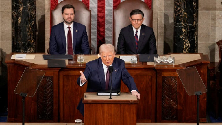 House Speaker Mike Johnson of La., right, and Vice President JD Vance, left, listen as President Donald Trump addresses a joint session of Congress at the Capitol in Washington, Tuesday, March 4, 2025.
