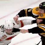 Things got chippy in the third with Boston Bruins defenseman Nikita Zadorov (91) and Florida Panthers center Sam Bennett (9) duking it out in one of several scrums. The Boston Bruins host the Florida Panthers in a NHL game on March 11, 2025 at TD Garden in Boston, MA.