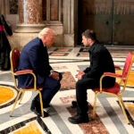 In this photo provided by the Ukrainian Presidential Press Office, Ukraine's President Volodymyr Zelenskyy, right, and President Donald Trump, talk as they attend the funeral of Pope Francis in Vatican, Saturday, April 26, 2025.