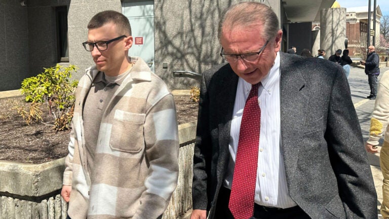 Volodymyr Zhukovskyy, left, and his lawyer, John O’Brien, leave to Hartford Superior Court in Hartford, Connecticut, Monday, April 14, 2025.