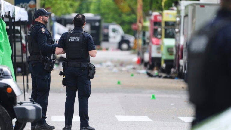 Vancouver Police survey the scene after a driver killed multiple people Saturday during a Filipino community festival Sunday, April 27, 2025, in Vancouver, British Columbia.