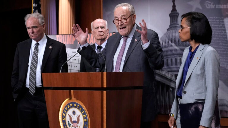 Senate Minority Leader Chuck Schumer, D-N.Y., center, is joined from left by Sen. Tim Kaine, D-Va., Sen. Peter Welch, D-Vt., and Sen. Angela Alsobrooks, D-Md., as they speak to reporters about President Donald Trump's tariffs on foreign countries, at the Capitol, in Washington, Wednesday, April 2, 2025.