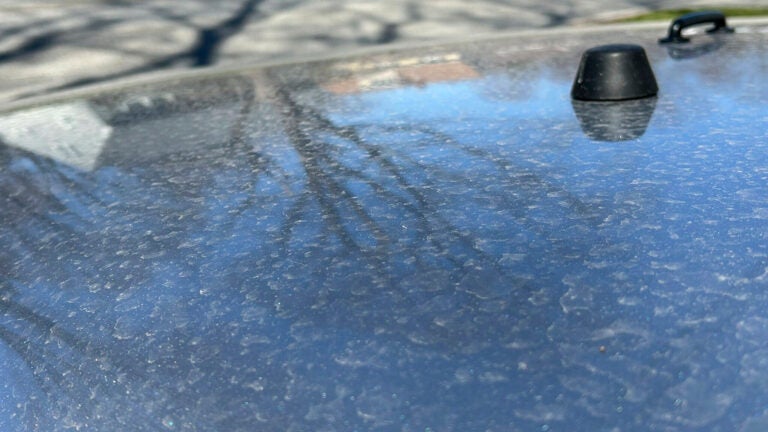 Dirt and dust originating 2,000 miles away in the desert Southwest, is seen on the windshield of a car in Portland, Maine, after being carried by wind and mixing with rain Saturday, April 19, 2025.