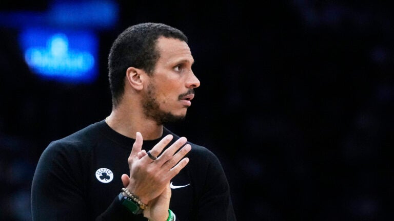 Boston Celtics head coach Joe Mazzulla during an NBA basketball game, Wednesday, April 2, 2025, in Boston.