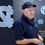 North Carolina coach Bill Belichick arrives for an NCAA college football press conference, Wednesday, March 5, 2025, in Chapel Hill, N.C.