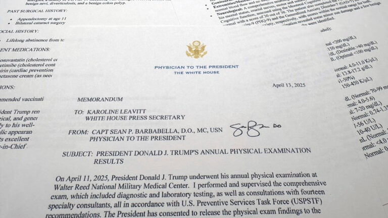 The report on President Donald Trump's health after his physical on April 11, 2025, at Walter Reed National Military Medical Center, released by the White House on behalf of his physician Navy Capt. Sean Barbabella, is photographed Sunday, April 13, 2025.