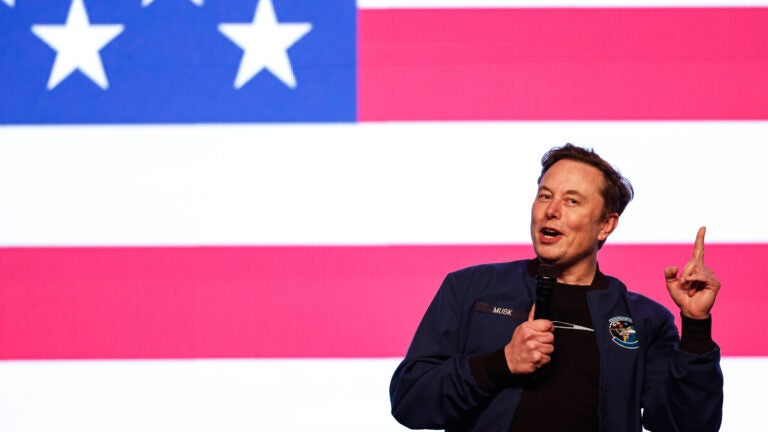 Elon Musk speaks at a town hall Sunday, March 30, 2025, in Green Bay, Wis.
