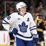 BOSTON, MASSACHUSETTS - FEBRUARY 25: Mitch Marner #16 of the Toronto Maple Leafs looks on during the first period against the Boston Bruins at TD Garden on February 25, 2025 in Boston, Massachusetts