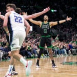 Celtics forward Jayson Tatum celebrates a three pointer during the fourth quarter in game five of the NBA Eastern Conference playoffs against the Orlando Magic at TD Garden.