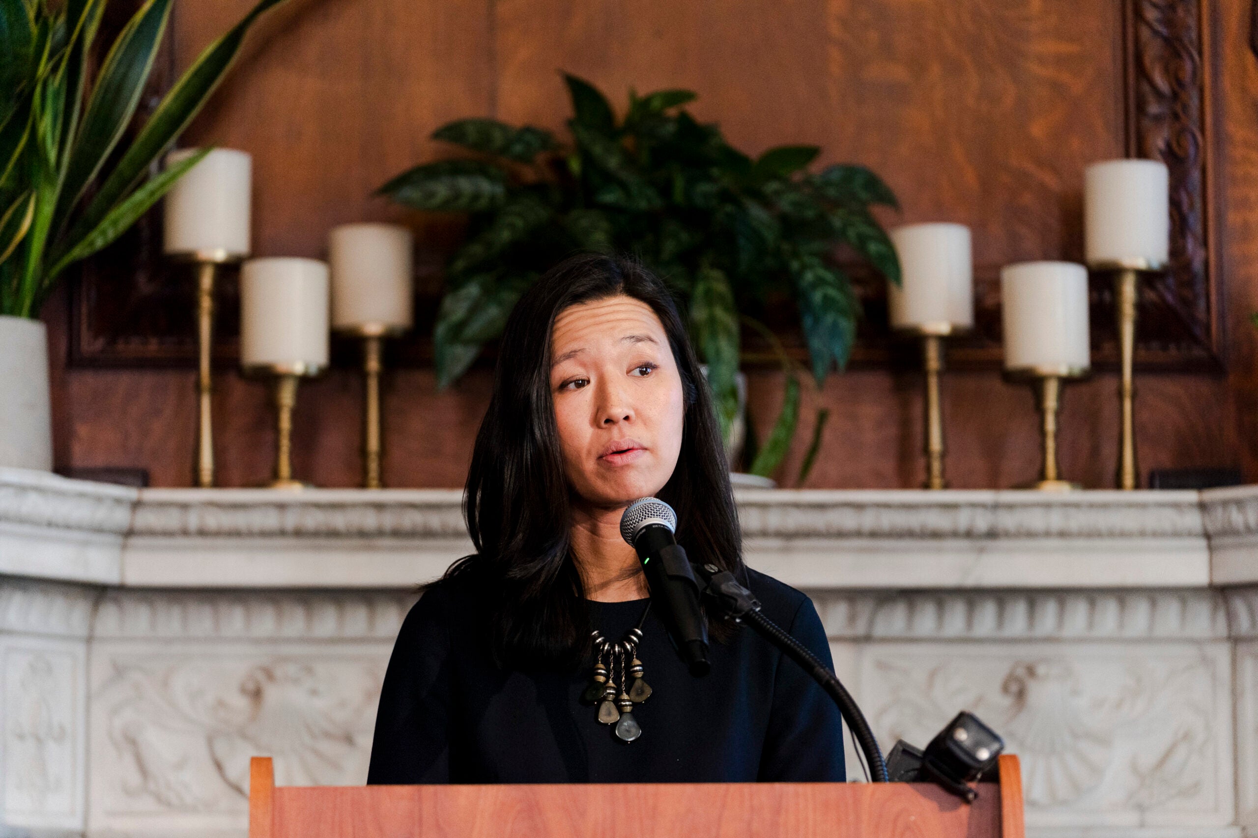 Mayor Michelle Wu of Boston speaks at a community gathering at the Hampshire Center in Boston.