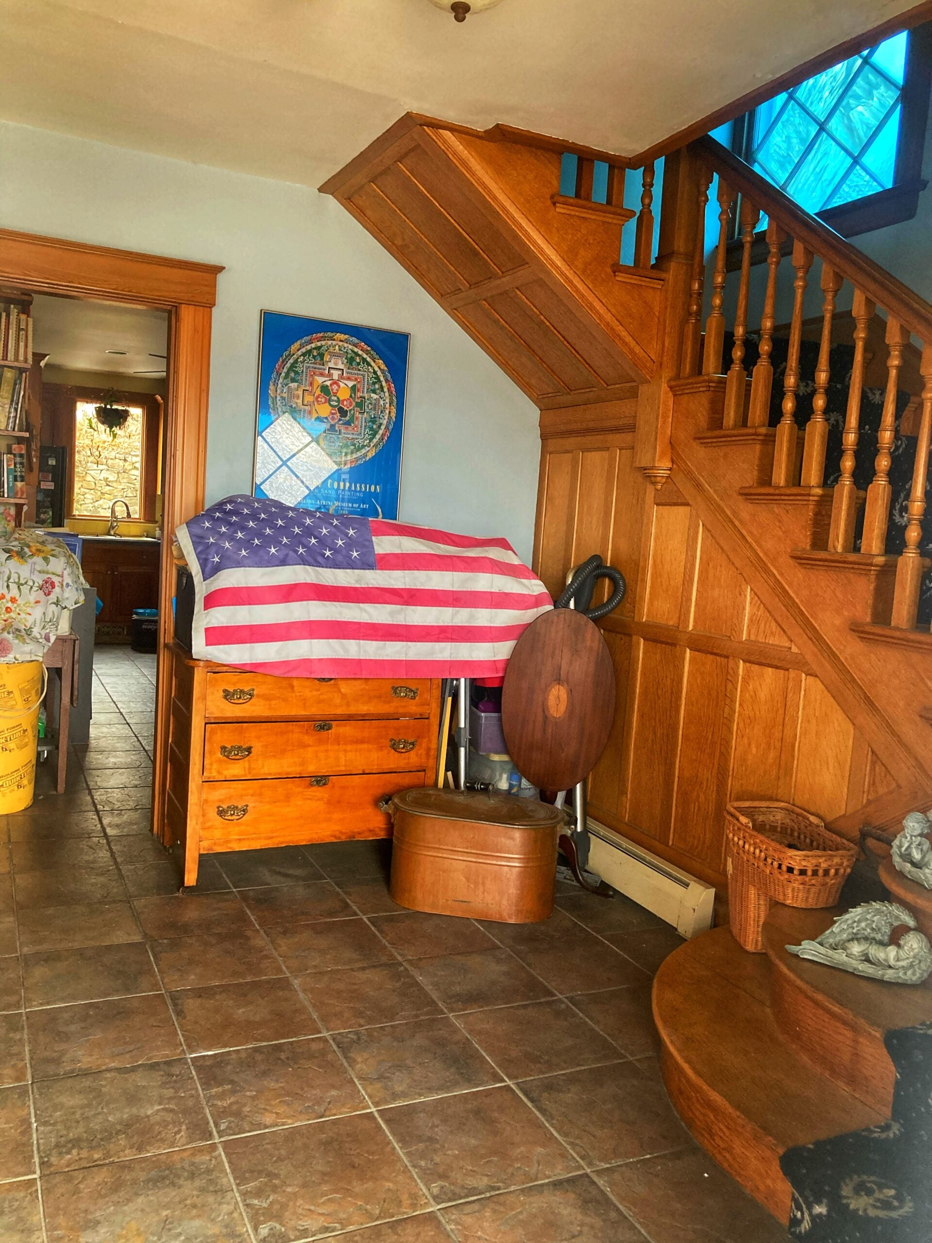 Carved stairs at 187 Mechanic Street in Stonington, Conn.