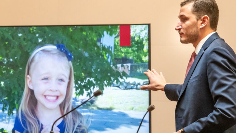 Assistant New Hampshire Attorney General Christopher Knowles showed a picture of Harmony Montgomery during the murder trial of her father, Adam Montgomery.