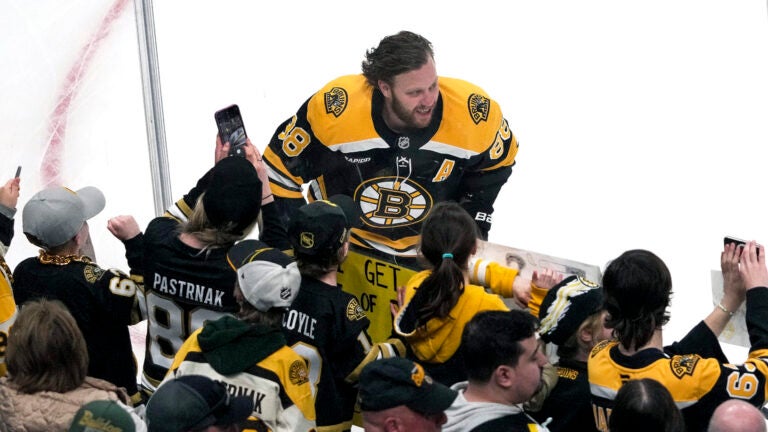 Boston Bruins right wing David Pastrnak (88) pictured during warmups. The Boston Bruins host the New Jersey Devils on Tuesday, April 15, 2025 in the last game of the season at TD Garden in Boston, MA.