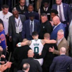 Boston Celtics forward Jayson Tatum (0) is carried off the court during the fourth quarter in game four of the NBA Eastern Conference semifinal against the New York Knicks at Madison Square Garden.