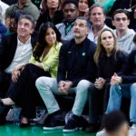 Boston Celtics co-owner Stephen Pagliuca (second from left), governor Wyc Grousbeck (third from left), and new majority owner Bill Chisholm (fifth from left) watchduring the third quarter in game one of the NBA Eastern Conference playoffs against the Orlando Magic at TD Garden.