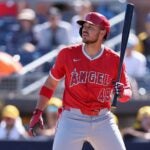 PEORIA, ARIZONA - FEBRUARY 25: Ryan Noda #49 of the Los Angeles Angels bats against the San Diego Padres during the first inning of MLB game at Peoria Stadium on February 25, 2025 in Peoria, Arizona.
