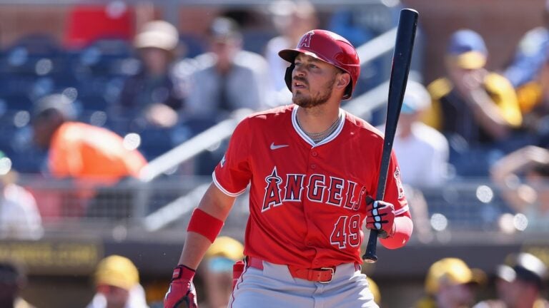 PEORIA, ARIZONA - FEBRUARY 25: Ryan Noda #49 of the Los Angeles Angels bats against the San Diego Padres during the first inning of MLB game at Peoria Stadium on February 25, 2025 in Peoria, Arizona.