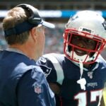 MIAMI, FLORIDA - SEPTEMBER 15: Antonio Brown #17 of the New England Patriots celebrates with head coach Bill Belichick after scoring a 20 yard touchdown thrown by Tom Brady #12 against the Miami Dolphins during the second quarter in the game at Hard Rock Stadium on September 15, 2019 in Miami, Florida.