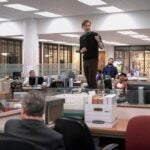 "The Office" spinoff: Sabrina Impacciatore as Esmeralda, Oscar Nunez as Oscar, Domhnall Gleeson as Ned, and Gbemisola Ikumelo as Adelola in "The Paper."