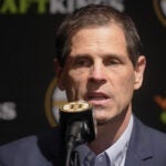 Boston Bruins general manager Don Sweeney answers a reporter's question, Monday, Sept. 30, 2024, in Boston.