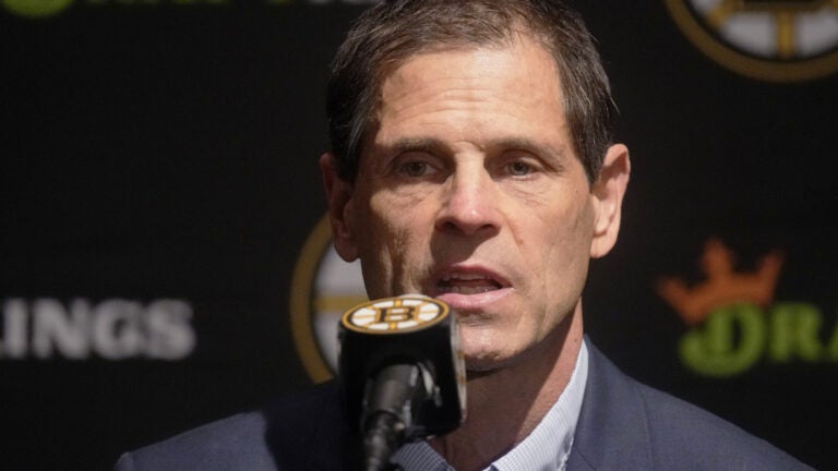 Boston Bruins general manager Don Sweeney answers a reporter's question, Monday, Sept. 30, 2024, in Boston.