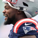 New England Patriots wide receiver Kayshon Boutte (9) prior to an NFL football game, Saturday, Dec. 28, 2024, in Foxborough,Mass.