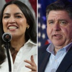 This photo combo shows Illinois Gov. JB Pritzker, right, and Rep. Alexandria Ocasio-Cortez, D-N.Y.