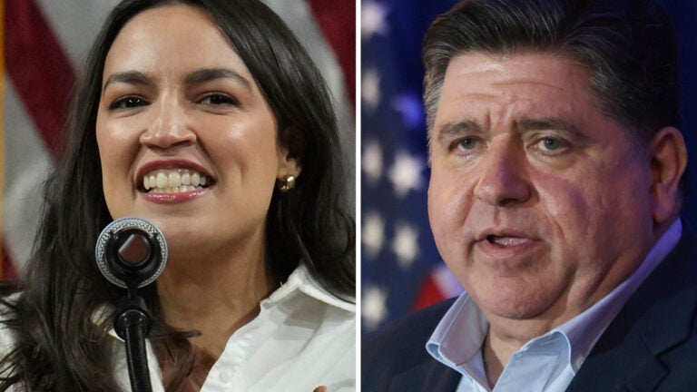 This photo combo shows Illinois Gov. JB Pritzker, right, and Rep. Alexandria Ocasio-Cortez, D-N.Y.