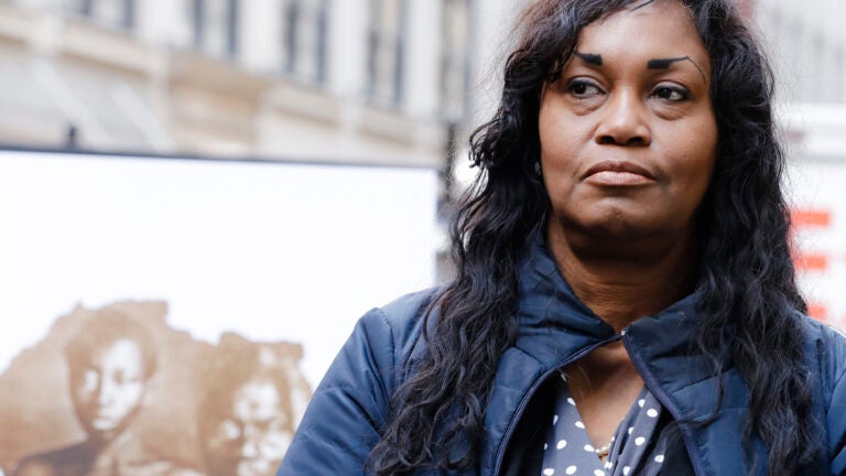 Tamara Lanier at a press conference near Harvard