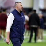 Patriots head coach Mike Vrabel checked out NFL prospects during the 2025 Boston College Football Pro Day at Fish Field House.