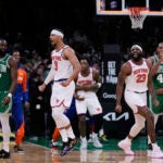 New York Knicks guard Josh Hart and center Mitchell Robinson celebrate after defeating the Boston Celtics in Game 2.