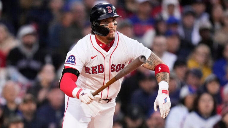 Red Sox outfielder Jarren Duran watches the flight of his drive during the fourth inning