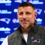 New England Patriots head coach Mike Vrabel smiles during a media availability prior to the NFL football team's rookie minicamp, Friday, May 9, 2025, in Foxborough, Mass.
