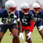 New England Patriots safety Jabrill Peppers (5) participates during OTA offseason workouts at Gillette Stadium on May 28, 2025.