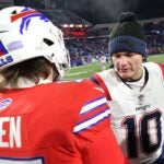 ORCHARD PARK, NEW YORK - DECEMBER 22: Josh Allen #17 of the Buffalo Bills greets Drake Maye #10 of the New England Patriots following the game at Highmark Stadium on December 22, 2024 in Orchard Park, New York. Buffalo defeated New England 24-21.