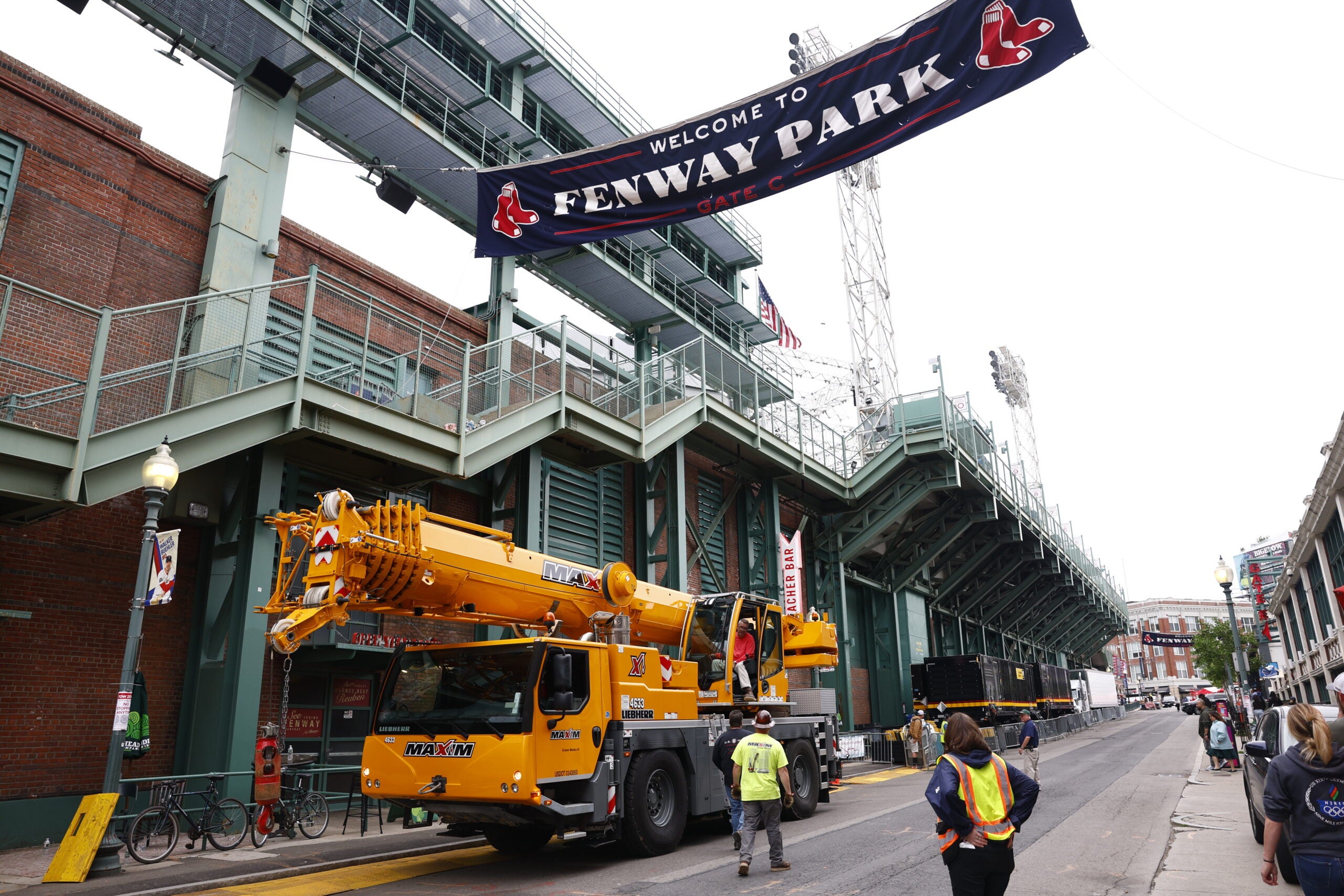 A construction vehicle sits outside the tunnel close to the stage after the Shakira concert is cancelled at Fenway Park on May 29, 2025.