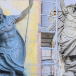 Saint Florian, left, and Saint Michael, right, are depicted in 10-foot, bronze patron saint statues commissioned to adorn Quincy's new public safety building.